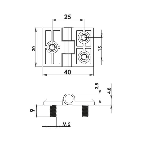 Cerniera a libro 30x40mm in zama nera con perni