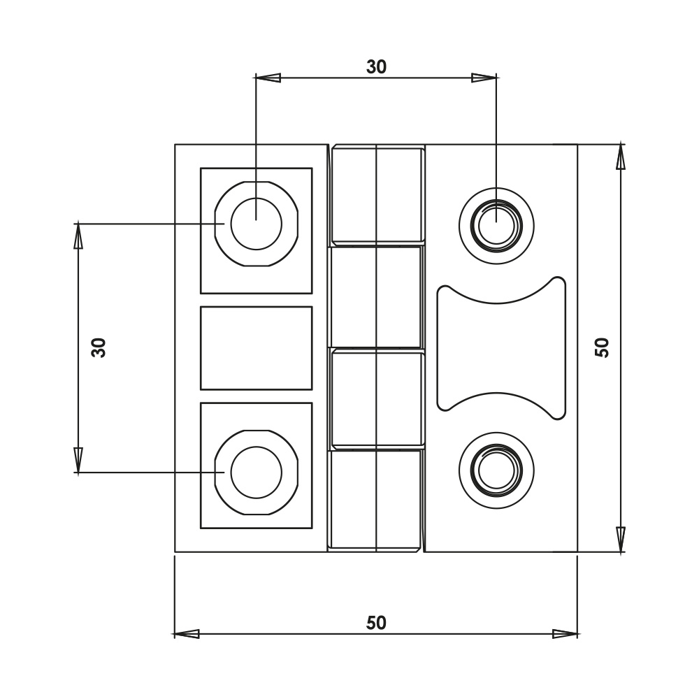 Cerniera a libro 50x50mm in plastica nera con due fori