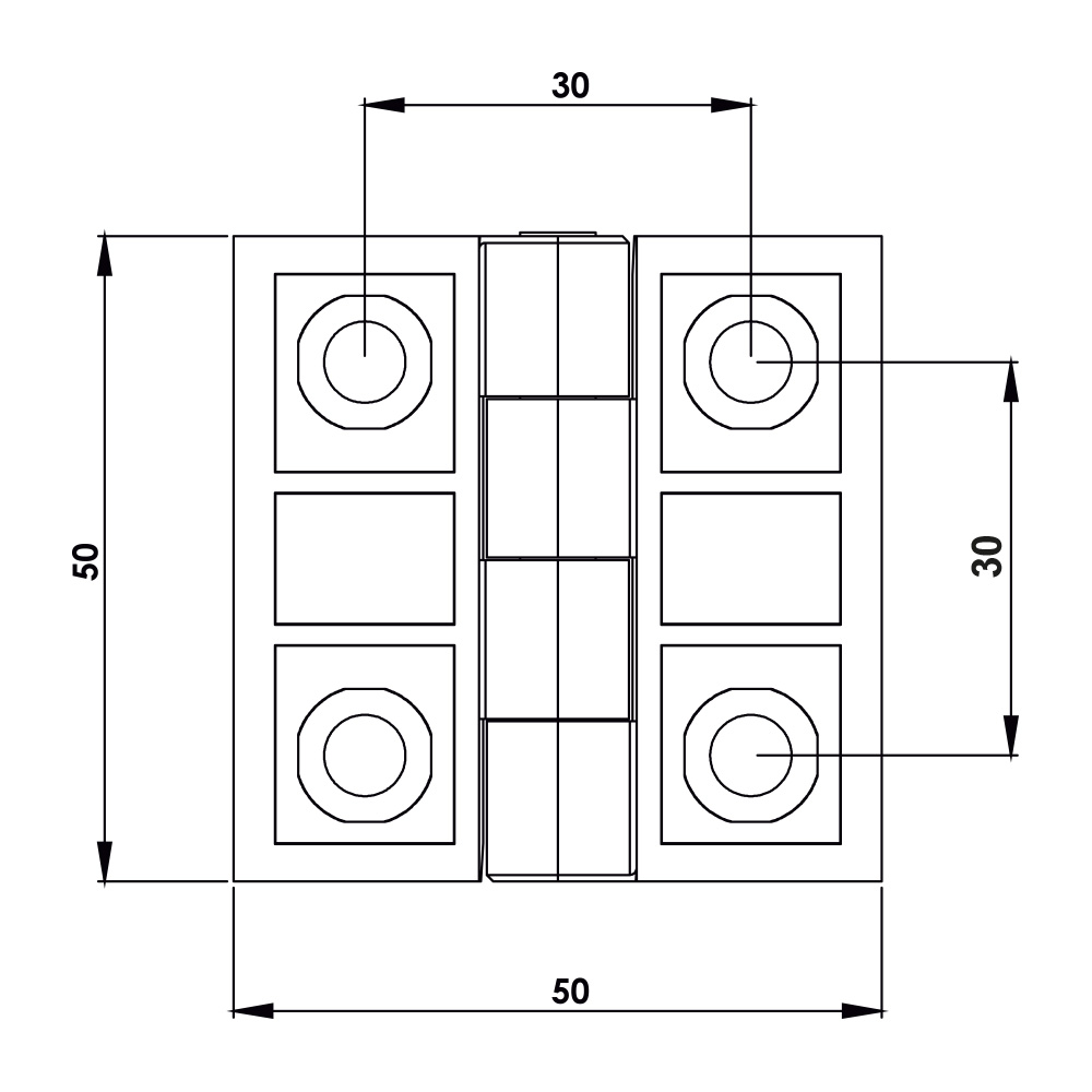 Cerniera a libro 50x50mm in plastica nera con 4 fori