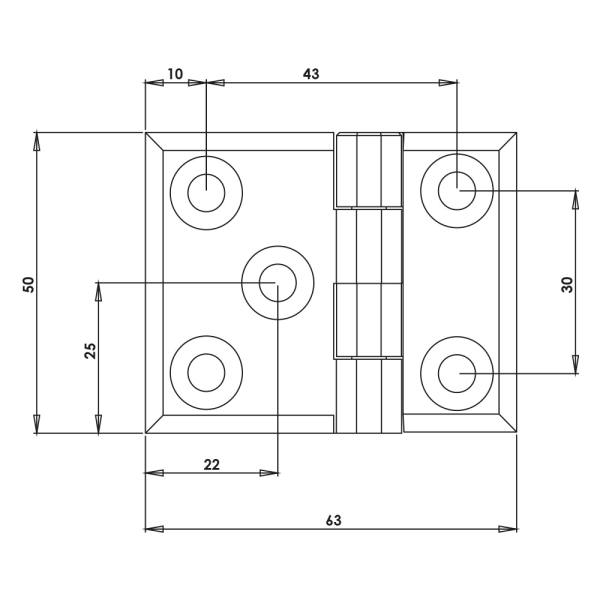 Cerniera a libro 50x63mm in zama cromata con 5 fori