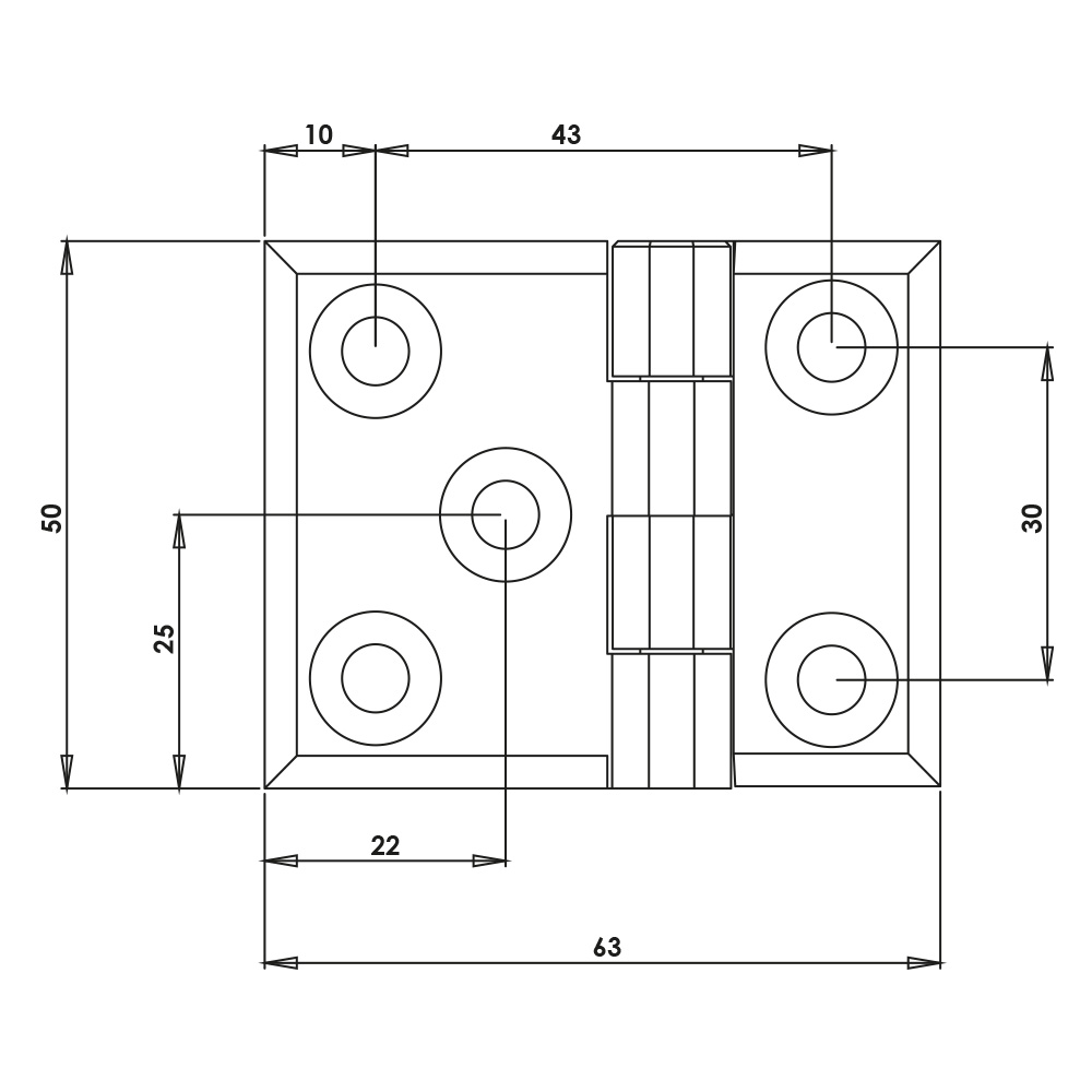 Cerniera a libro 50x63mm in zama cromata con 5 fori