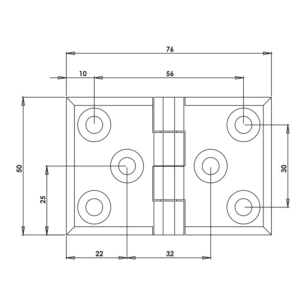 Cerniera a libro 50x76mm in zama cromata con 6 fori
