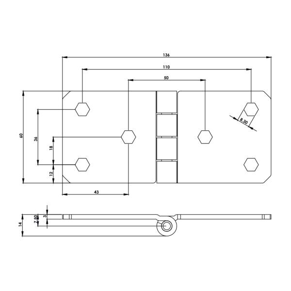 Cerniera a libro in acciaio nero con sei fori