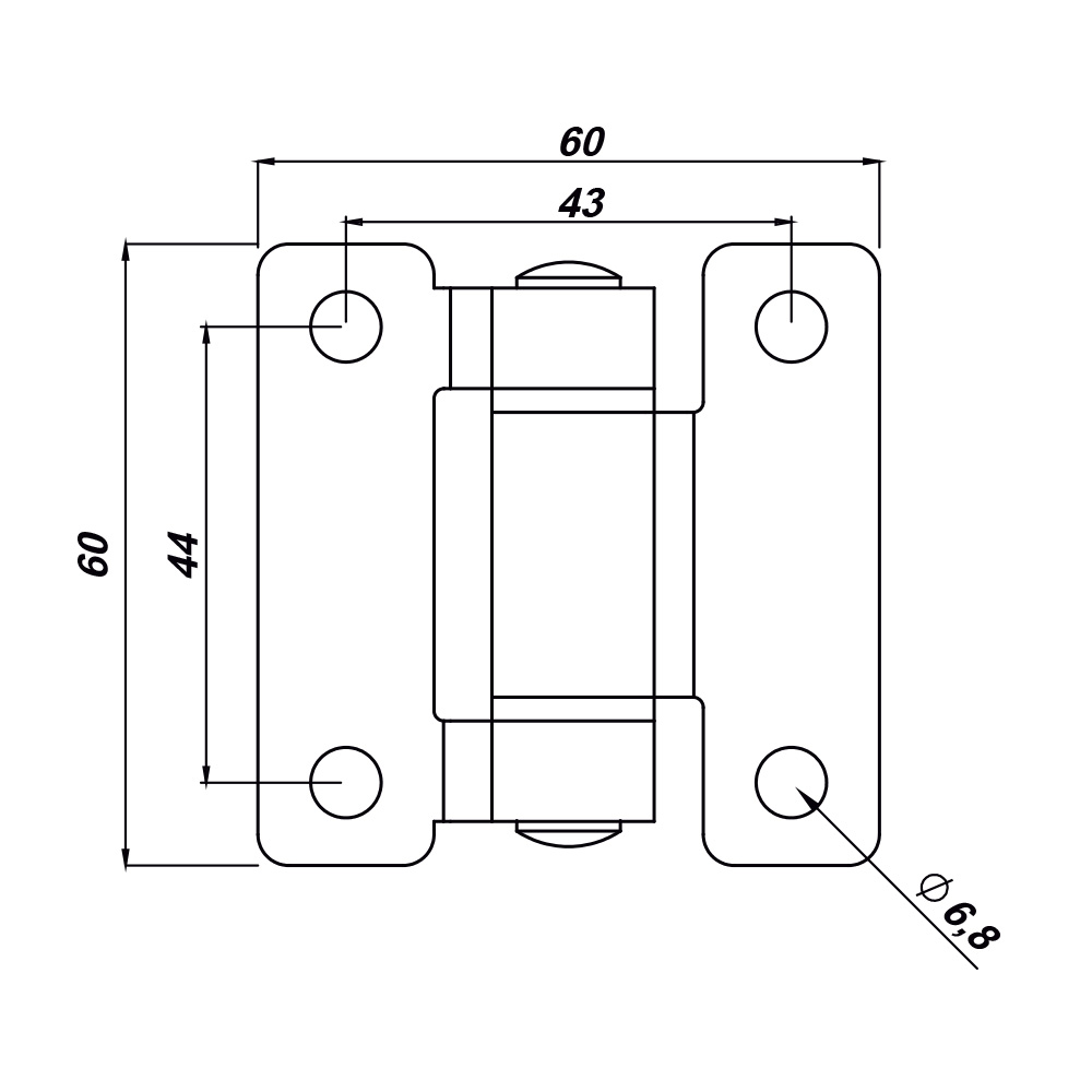 Cerniera a libro 60x60mm in zama cromata con 4 foriCerniera a libro 60x60mm in acciaio zincato con 4 fori