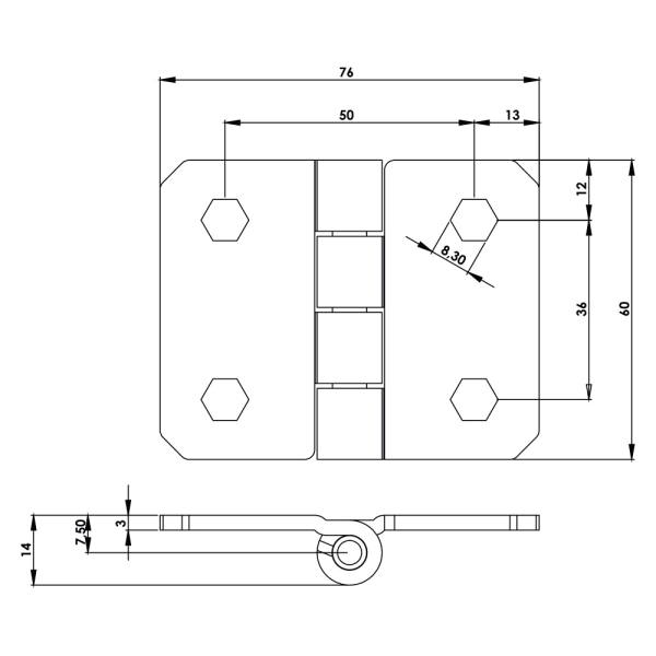 Cerniera a libro in acciaio nero con quattro fori