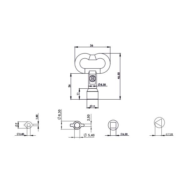 Mini Chiave universale per quadri elettrici in zama cromata - triangola, quadrata, con alette