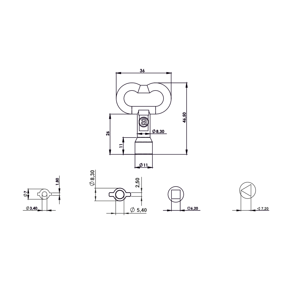 Mini Chiave universale per quadri elettrici in zama cromata – triangola, quadrata, con alette