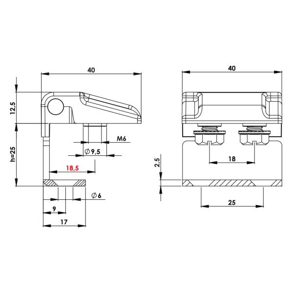 Cerniera esterna con fori per pannelli di spessore 25mm